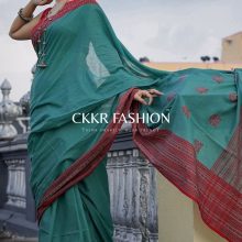 CHANDERI LINEN COTTON SAREE-CYAN AND RED